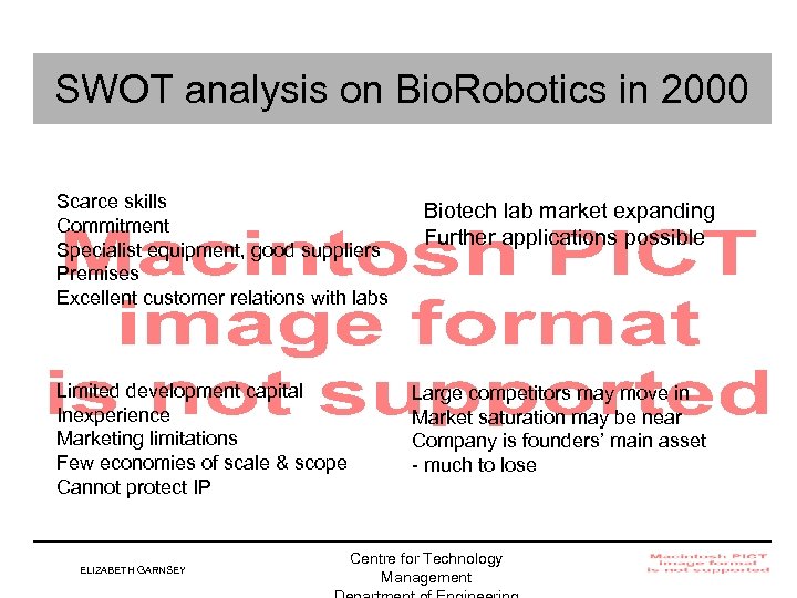 SWOT analysis on Bio. Robotics in 2000 Scarce skills Commitment Specialist equipment, good suppliers