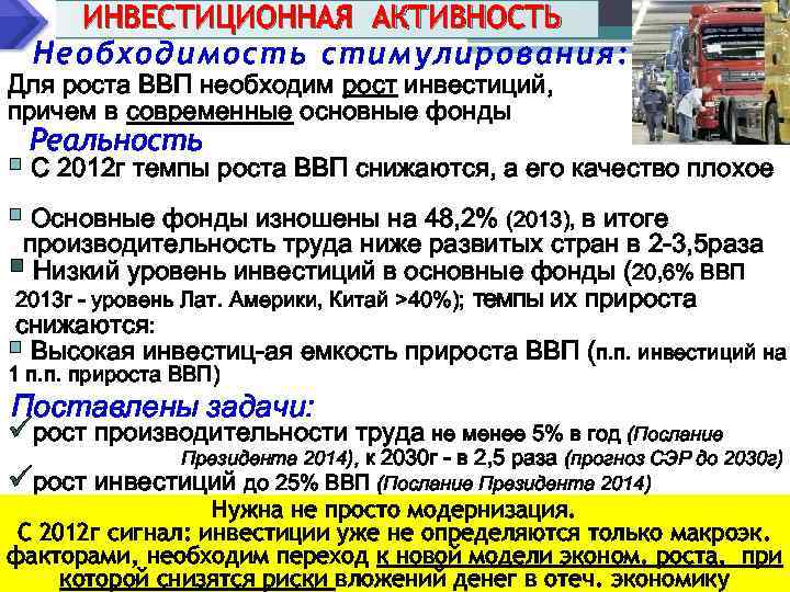 ИНВЕСТИЦИОННАЯ АКТИВНОСТЬ Необходимость стимулирования: Для роста ВВП необходим рост инвестиций, причем в современные основные