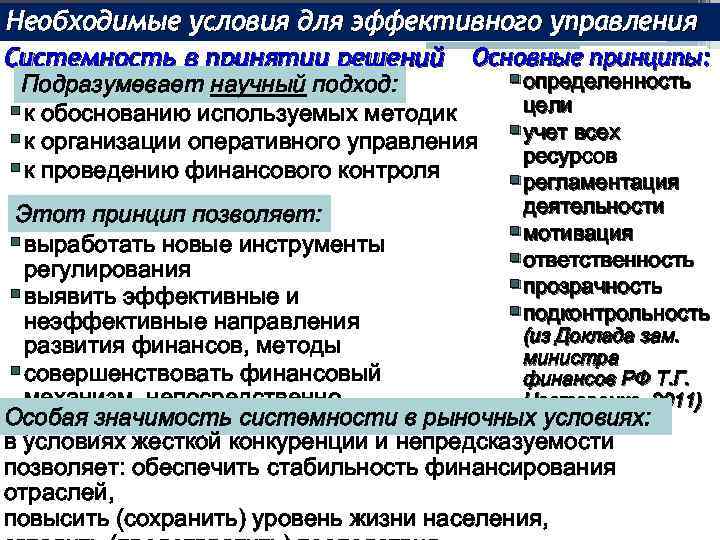 Необходимые условия для эффективного управления Системность в принятии решений Основные принципы: § определенность Подразумевает