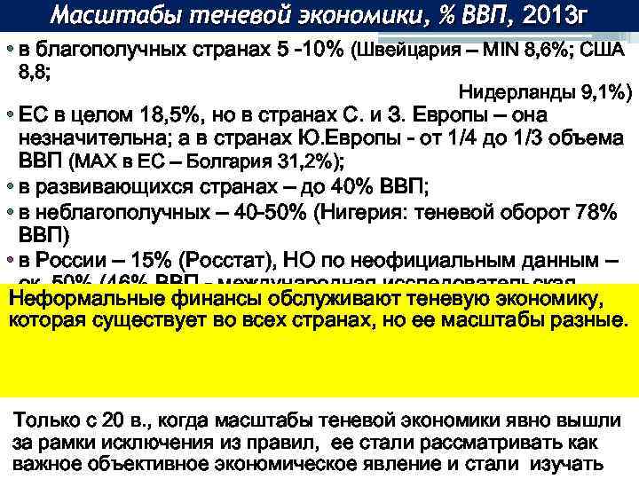 Масштабы теневой экономики, % ВВП, 2013 г • в благополучных странах 5 -10% (Швейцария
