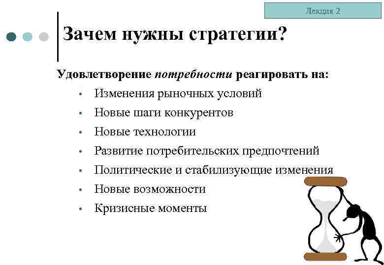 Лекция 2 Зачем нужны стратегии? Удовлетворение потребности реагировать на: • Изменения рыночных условий •