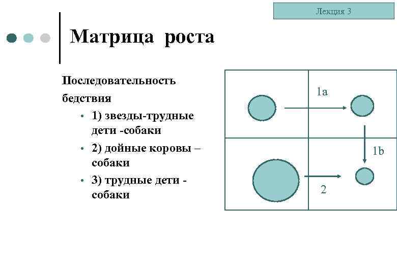 Лекция 3 Матрица роста Последовательность бедствия • 1) звезды-трудные дети -собаки • 2) дойные