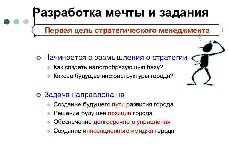 Разработка мечты и задания Первая цель стратегического менеджмента ¢ Начинается с размышления о стратегии