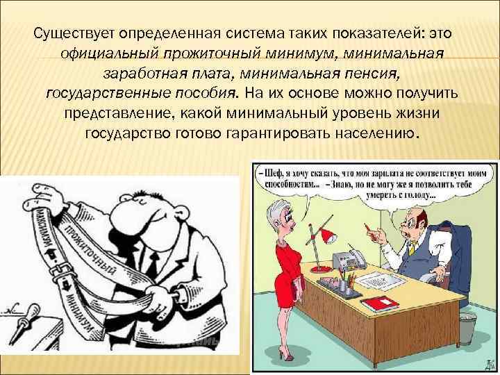 Существует определенная система таких показателей: это официальный прожиточный минимум, минимальная заработная плата, минимальная пенсия,