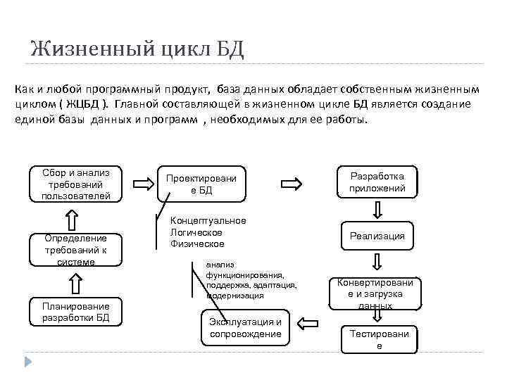 Жизненный цикл БД Как и любой программный продукт, база данных обладает собственным жизненным циклом