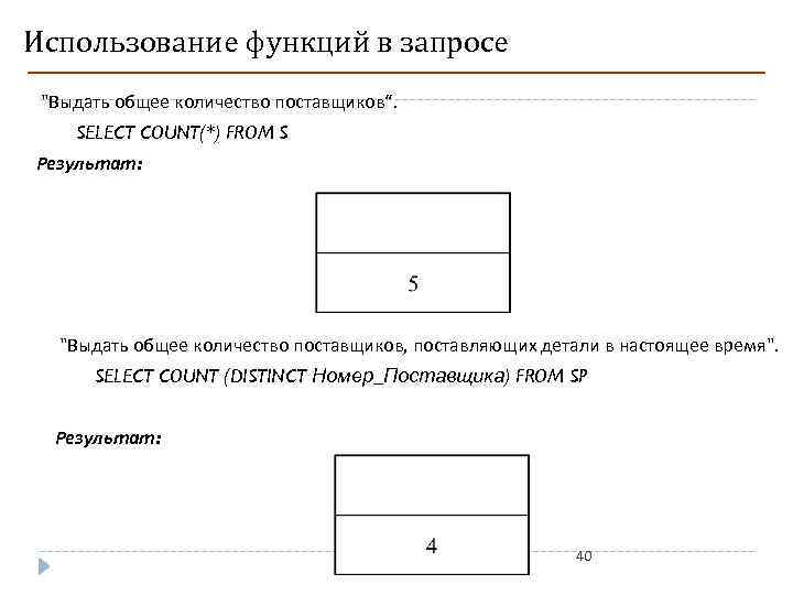 Использование функций в запросе "Выдать общее количество поставщиков“. SELECT COUNT(*) FROM S Результат: "Выдать