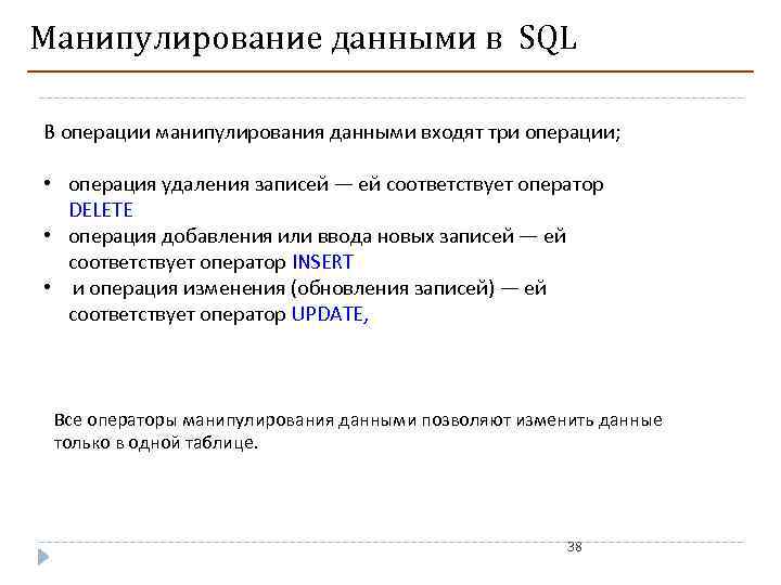 Манипулированием данных. Операторы манипулирования данными в SQL. Операторы манипулирования данными. Манипулирование данными.