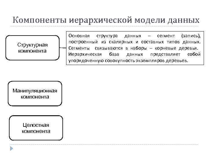 Компоненты иерархической модели данных Структурная компонента Манипуляционная компонента Целостная компонента Основная структура данных –