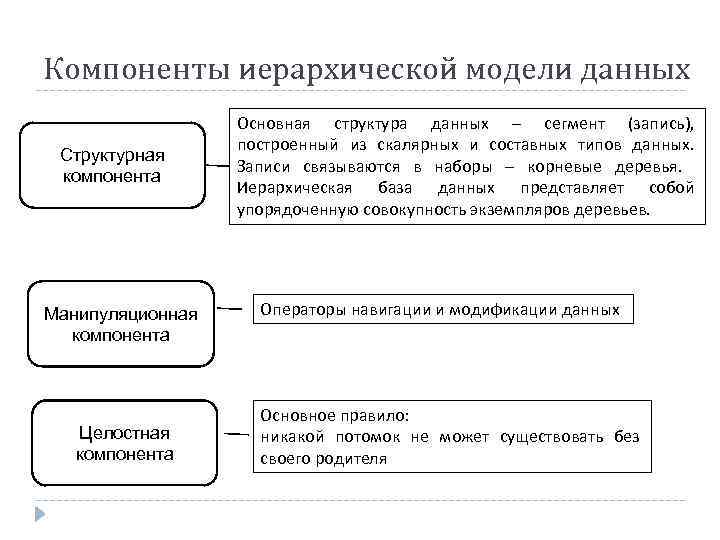 Компоненты иерархической модели данных Структурная компонента Манипуляционная компонента Целостная компонента Основная структура данных –