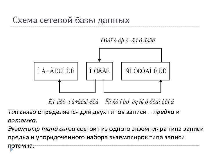 Схема сетевой базы данных Тип связи определяется для двух типов записи – предка и