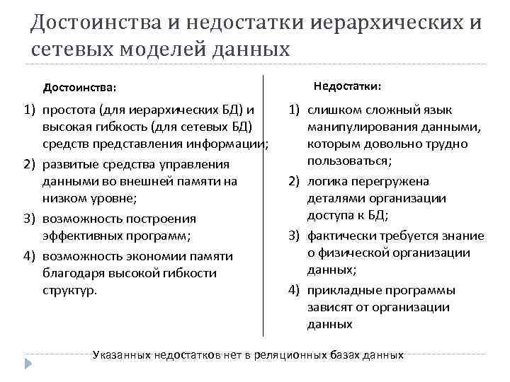 Достоинства и недостатки иерархических и сетевых моделей данных Достоинства: 1) простота (для иерархических БД)