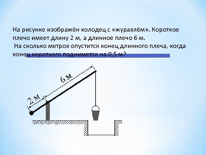 На рисунке изображен колодец с журавлем короткое плечо имеет длину 4 м