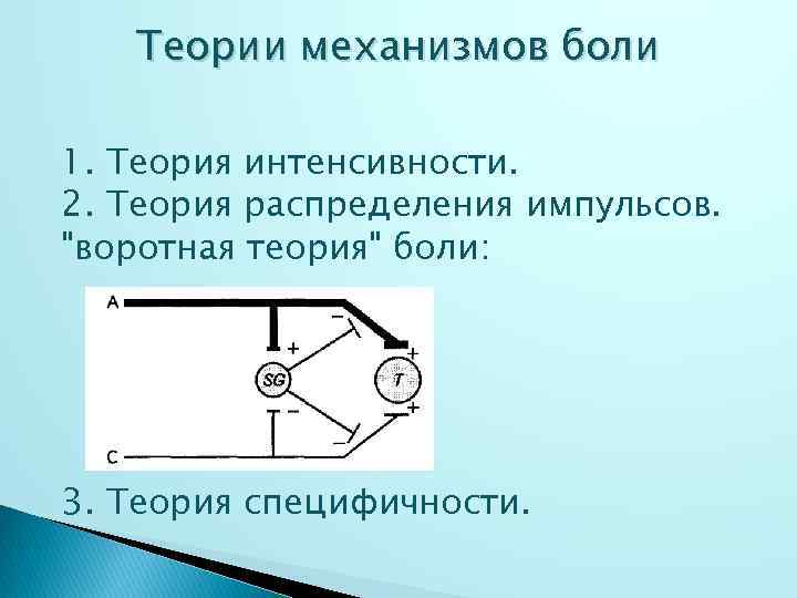 Теории механизмов боли 1. Теория интенсивности. 2. Теория распределения импульсов. "воротная теория" боли: 3.