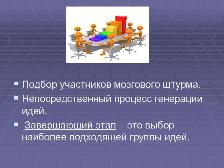 § Подбор участников мозгового штурма. § Непосредственный процесс генерации идей. § Завершающий этап –