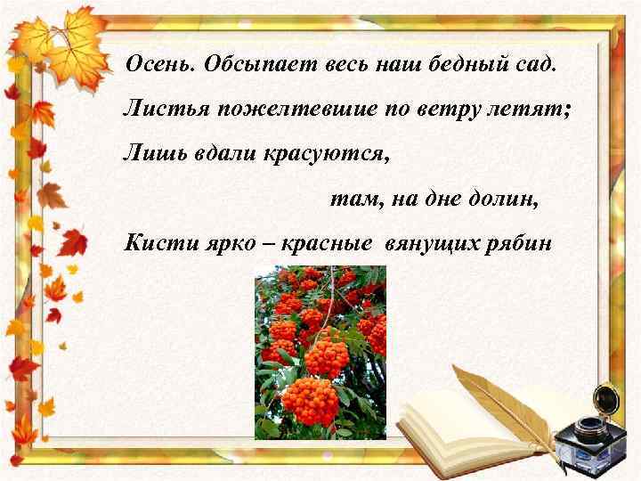 Осень. Обсыпает весь наш бедный сад. Листья пожелтевшие по ветру летят; Лишь вдали красуются,