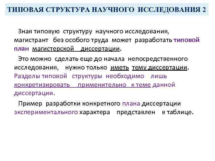 ТИПОВАЯ СТРУКТУРА НАУЧНОГО ИССЛЕДОВАНИЯ 2 Зная типовую структуру научного исследования, магистрант без особого труда