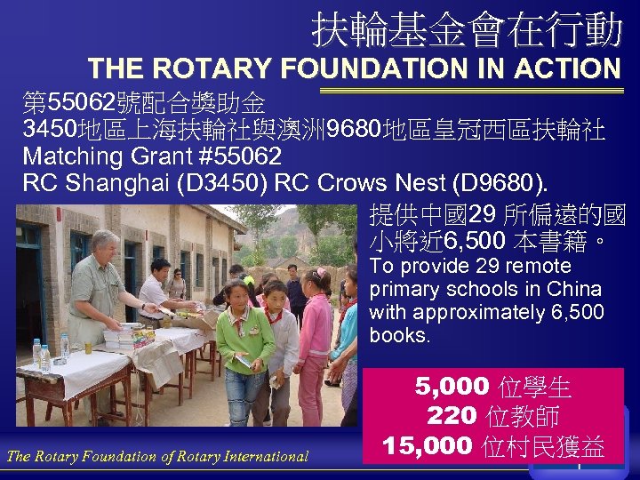 扶輪基金會在行動 THE ROTARY FOUNDATION IN ACTION 第 55062號配合獎助金 3450地區上海扶輪社與澳洲 9680地區皇冠西區扶輪社 Matching Grant #55062 RC