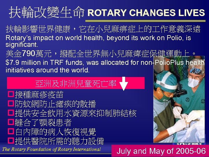 扶輪改變生命 ROTARY CHANGES LIVES 扶輪影響世界健康，它在小兒麻痹症上的 作意義深遠 Rotary’s impact on world health, beyond its work