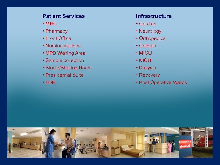 Patient Services Infrastructure • MHC • Pharmacy • Front Office • Nursing stations •
