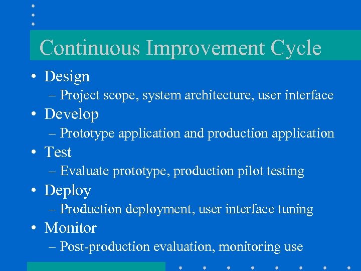 Continuous Improvement Cycle • Design – Project scope, system architecture, user interface • Develop