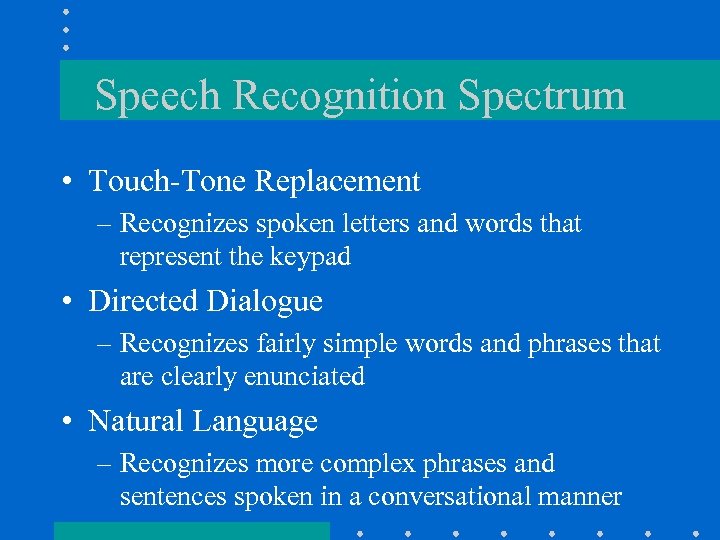 Speech Recognition Spectrum • Touch-Tone Replacement – Recognizes spoken letters and words that represent