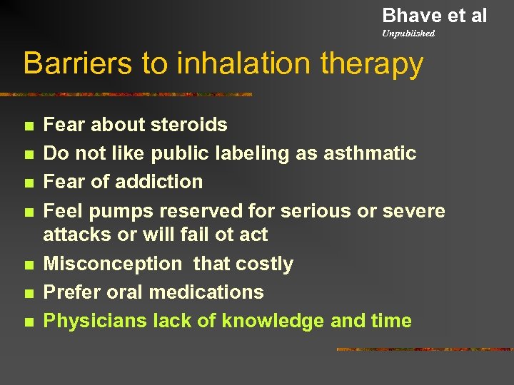 Bhave et al Unpublished Barriers to inhalation therapy n n n n Fear about