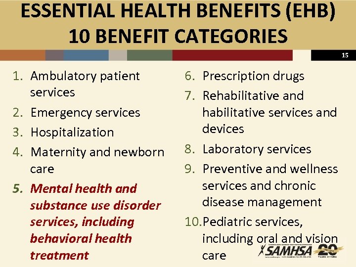 ESSENTIAL HEALTH BENEFITS (EHB) 10 BENEFIT CATEGORIES 15 1. Ambulatory patient services 2. Emergency
