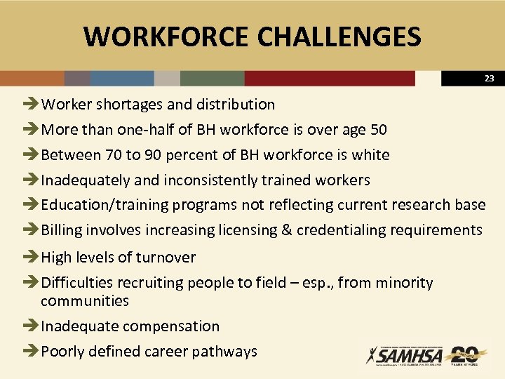 WORKFORCE CHALLENGES 23 è Worker shortages and distribution è More than one-half of BH