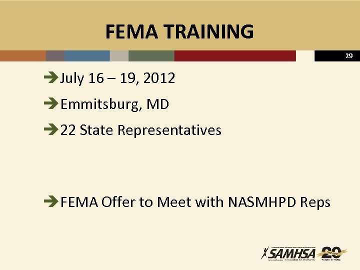 FEMA TRAINING 29 èJuly 16 – 19, 2012 èEmmitsburg, MD è 22 State Representatives