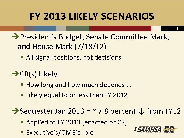 FY 2013 LIKELY SCENARIOS 5 èPresident’s Budget, Senate Committee Mark, and House Mark (7/18/12)