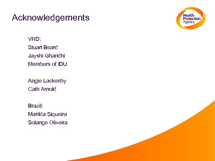 Acknowledgements VRD: Stuart Beard Jayshi Ghandhi Members of IDU Angie Lackenby Cath Arnold Brazil: