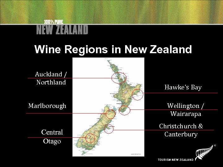 Wine Regions in New Zealand Auckland / Northland Marlborough Central Otago Hawke's Bay Wellington