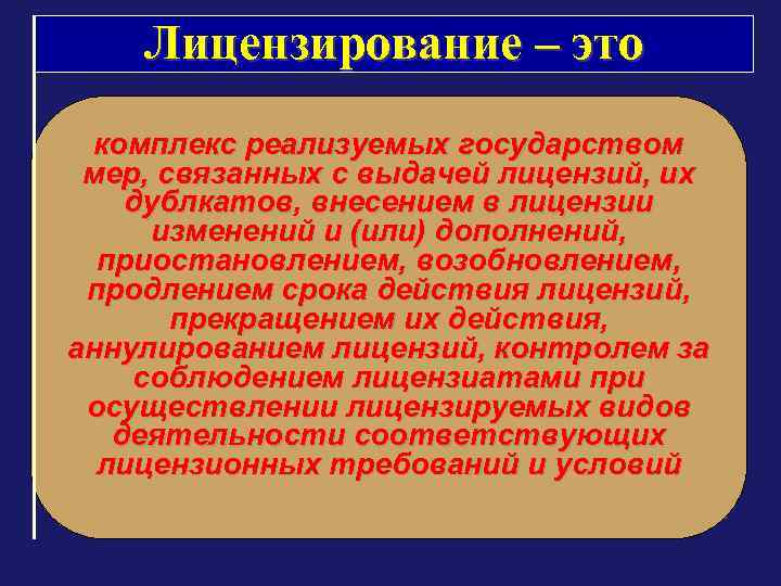 Лицензирование – это комплекс реализуемых государством мер, связанных с выдачей лицензий, их дублкатов, внесением