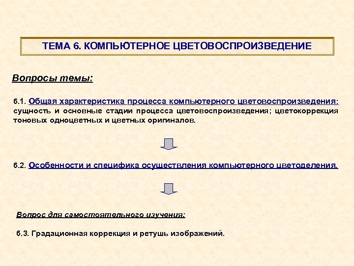 ТЕМА 6. КОМПЬЮТЕРНОЕ ЦВЕТОВОСПРОИЗВЕДЕНИЕ Вопросы темы: 6. 1. Общая характеристика процесса компьютерного цветовоспроизведения: сущность