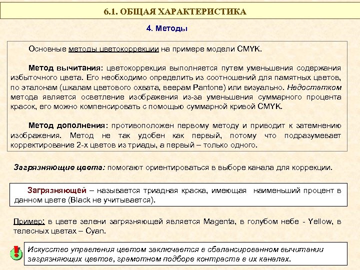 6. 1. ОБЩАЯ ХАРАКТЕРИСТИКА 4. Методы Основные методы цветокоррекции на примере модели CMYK. Метод