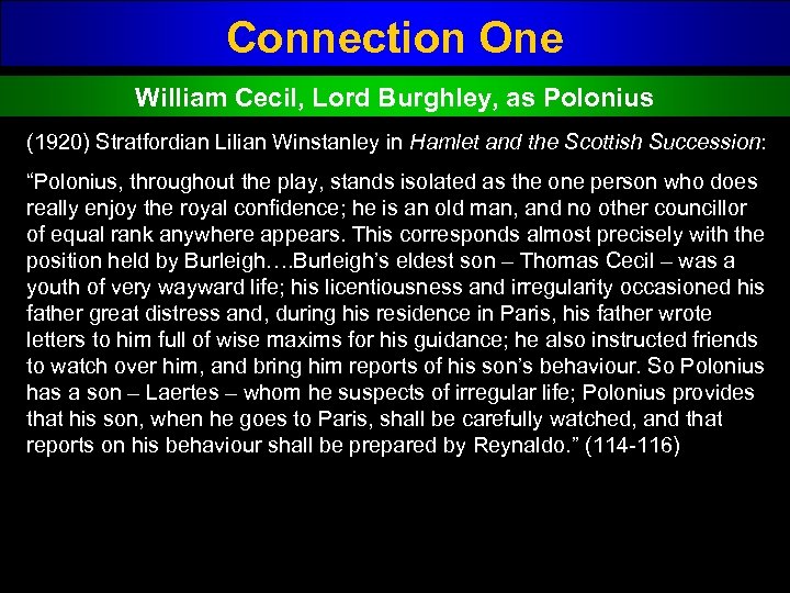 Connection One William Cecil, Lord Burghley, as Polonius (1920) Stratfordian Lilian Winstanley in Hamlet