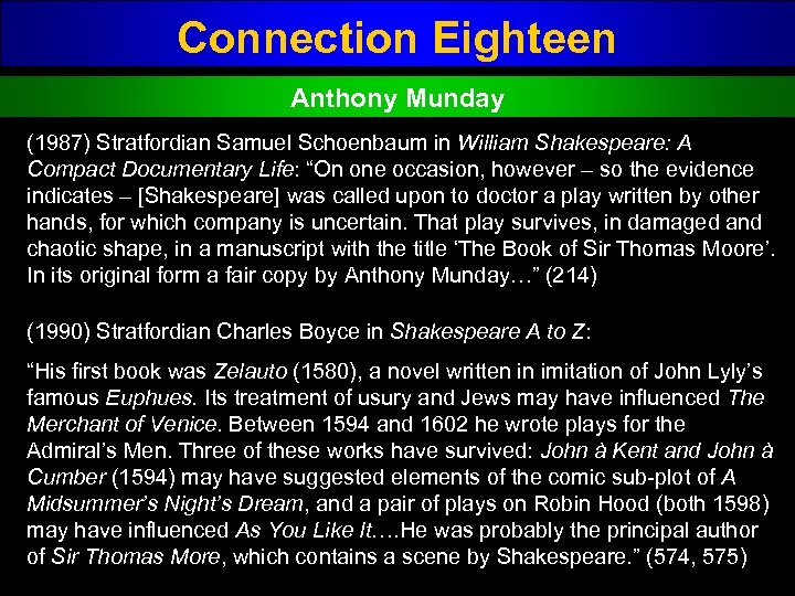 Connection Eighteen Anthony Munday (1987) Stratfordian Samuel Schoenbaum in William Shakespeare: A Compact Documentary