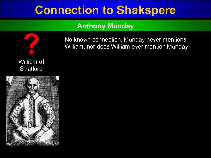 Connection to Shakspere ? William of Stratford Anthony Munday No known connection. Munday never