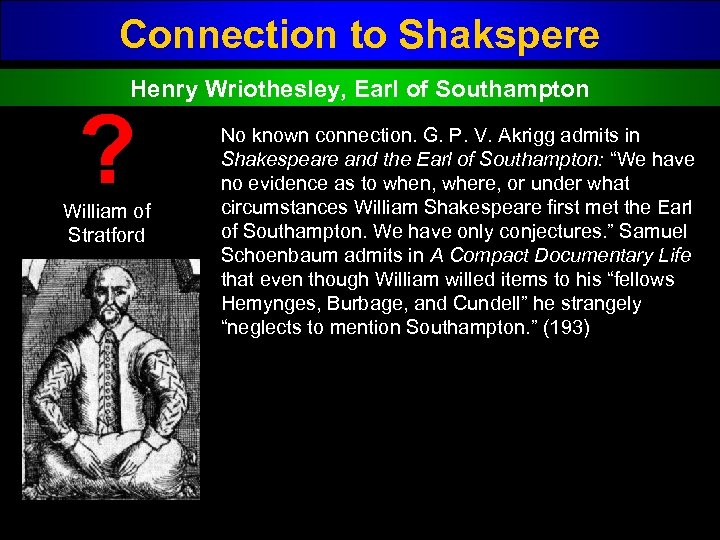 Connection to Shakspere Henry Wriothesley, Earl of Southampton ? William of Stratford No known