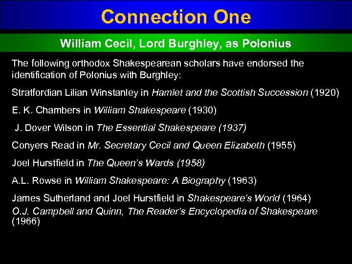 Connection One William Cecil, Lord Burghley, as Polonius The following orthodox Shakespearean scholars have