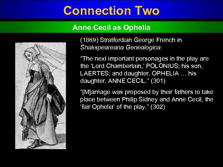 Connection Two Anne Cecil as Ophelia (1869) Stratfordian George French in Shakspeareana Genealogica: “The