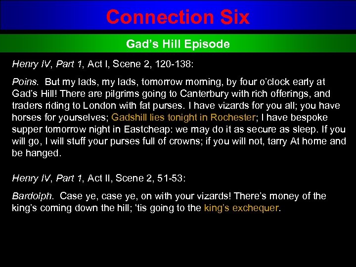 Connection Six Gad’s Hill Episode Henry IV, Part 1, Act I, Scene 2, 120