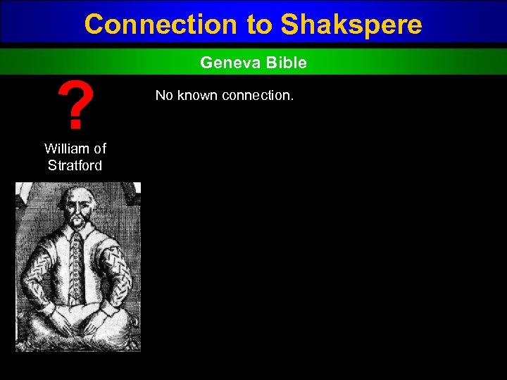 Connection to Shakspere ? William of Stratford Geneva Bible No known connection. 