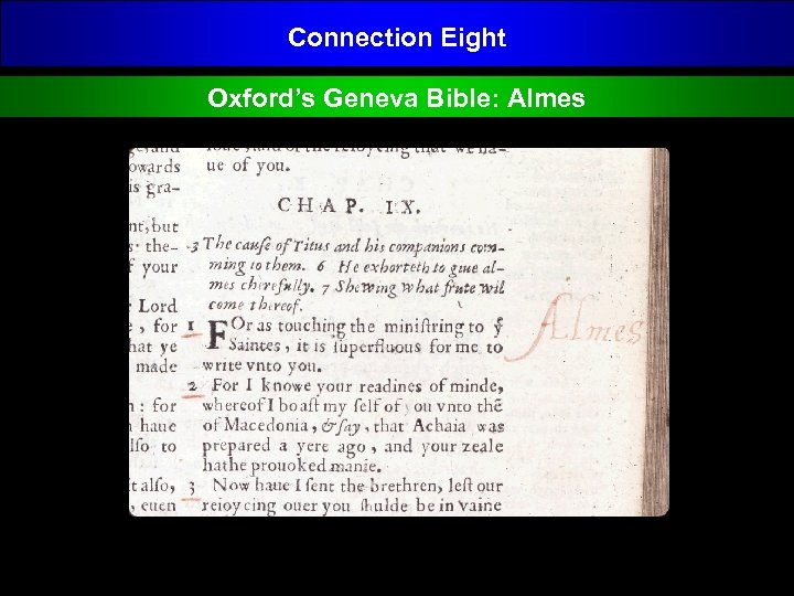 Connection Eight Oxford’s Geneva Bible: Almes 