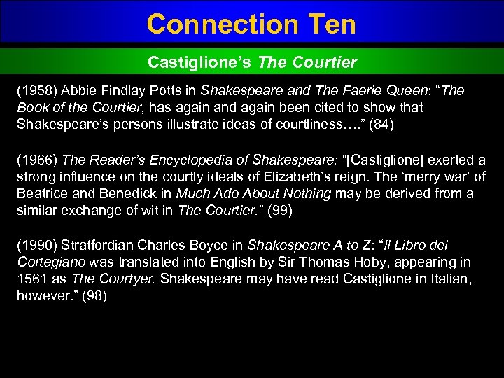 Connection Ten Castiglione’s The Courtier (1958) Abbie Findlay Potts in Shakespeare and The Faerie