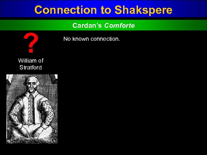 Connection to Shakspere ? William of Stratford Cardan’s Comforte No known connection. 