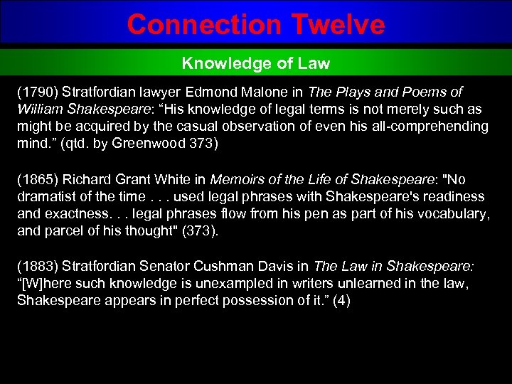 Connection Twelve Knowledge of Law (1790) Stratfordian lawyer Edmond Malone in The Plays and