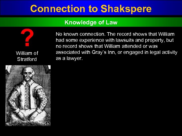 Connection to Shakspere ? William of Stratford Knowledge of Law No known connection. The