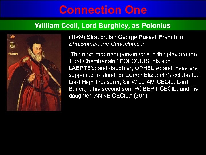 Connection One William Cecil, Lord Burghley, as Polonius (1869) Stratfordian George Russell French in