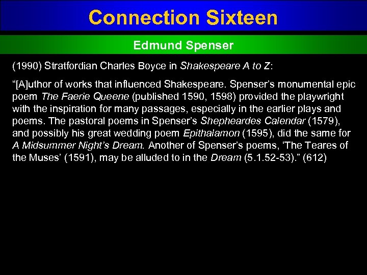 Connection Sixteen Edmund Spenser (1990) Stratfordian Charles Boyce in Shakespeare A to Z: “[A]uthor